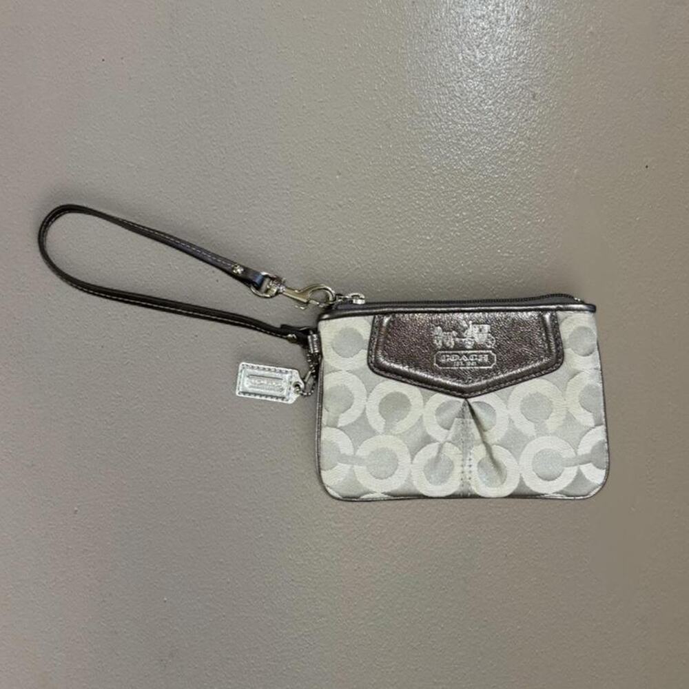 Coach Silver Gray Signature Madison Lurex & Leather Wristlet